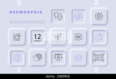 Photo montage set line icon. Color correction, brush, cropping, contrast, saturation, pencil, gear. Neomorphism style. Vector line icon for business a Stock Vector