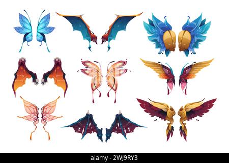 Cartoon fairy wings. Abstract magic fantasy butterfly and bird feather shapes, beautiful winged angel and fairy tale character elements. Vector Stock Vector