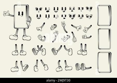 Smartphone character animation kit. Cartoon mobile device face and body parts for various poses, funny mascot gestures and expressions. Vector phone Stock Vector