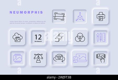 Photo montage set line icon. Color correction, saturation, brush, cropping, contrast, pencil, gear. Neomorphism style. Vector line icon for business a Stock Vector