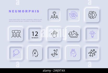 Photo montage set line icon. Color correction, brush, cropping, contrast, saturation, pencil, gear. Neomorphism style. Vector line icon for business a Stock Vector