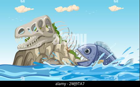 Cartoon fish and dinosaur skull on an island Stock Vector