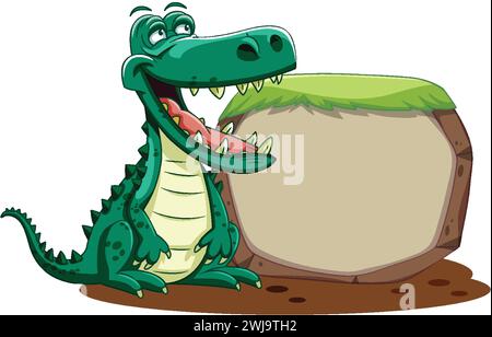 Cartoon crocodile standing next to a blank sign. Stock Vector