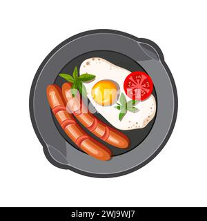 Scrambled eggs in a deep frying pan. Fried sausages with eggs. Healthy dinner. Healthy eating. Vector illustration Stock Vector