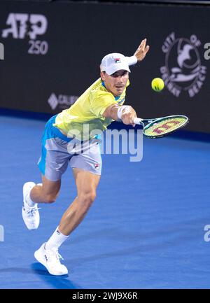 Delray Beach, Florida, USA. 12th Feb, 2024. Patrick Kypson (USA) defeats Miomir Kecmanovic (SRB) during the first round of the 2024 Delray Beach Open at the Delray Beach Tennis Center. (Credit Image: © Andrew Patron/ZUMA Press Wire) EDITORIAL USAGE ONLY! Not for Commercial USAGE! Stock Photo