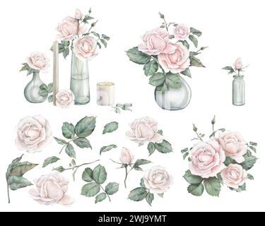 Clipart elements of white rose and leaves. Watercolor set of composition from peach fuzz color roses and green leaves in glass jar and candle. Hand Stock Photo