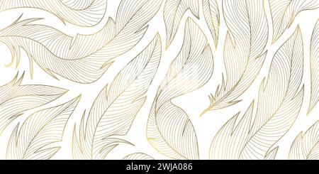 Vector gold feathers on white pattern, abstract luxury line design wallpaper. Art deco wedding texture, wing angel decoration Stock Vector