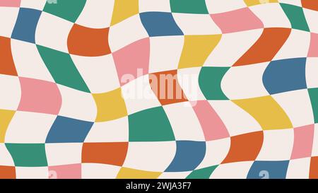 Distorted wavy checkered colorful background in retro groovy style. Abstract twisted chessboard vector pattern. Vintage trippy design in 70s-80s Stock Vector