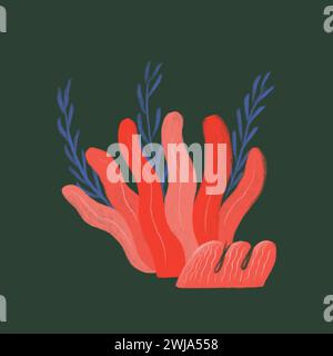 Digitally drawn abstract red coral shapes with blue seaweed accents on a dark background, ideal for marine-themed projects. Stock Photo