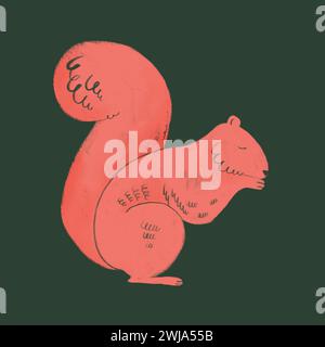Abstract red squirrel illustration on a dark green background with decorative patterns Stock Photo