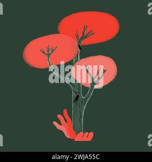 Surreal artwork featuring a tree with pink foliage and a branch becoming a hand. Stock Photo