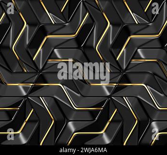 3D wall black panels with gold deco with shaded geometric modules with high quality seamless 3d illustration Stock Photo