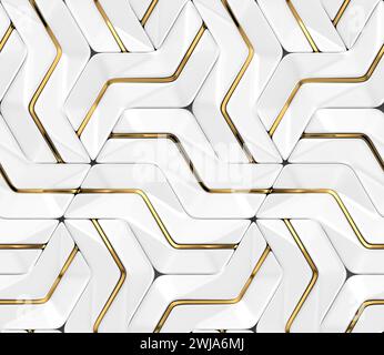 3D Wallpapers white tiles with golden metal decor with modern geometric modules with high quality seamless realistic texture Stock Photo