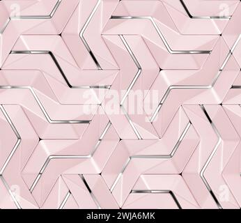 3D wall pink panels with chrome metallic decor with shaded geometric modules with high quality seamless texture Stock Photo