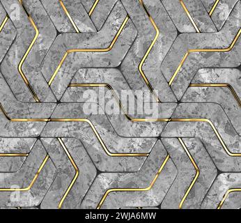 3D stone geometry panels with gold decor with realistic geometric modules with high quality seamless 3d illustration Stock Photo