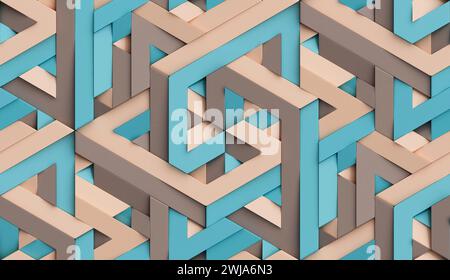 3D Wallpaper of decorative origami mosaic of brown, sand and blue colors with high quality seamless realistic texture Stock Photo