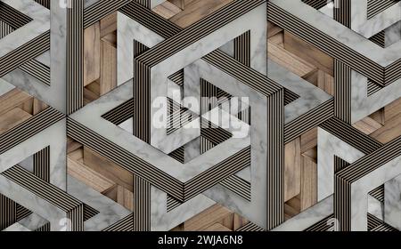 3D Wallpaper in the form of imitation of decorative mosaic of wood ,white marble, black leather and gold decor with high quality seamless realistic te Stock Photo