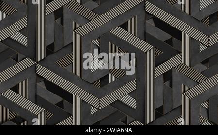 3D Wallpaper in the form of imitation of decorative mosaic of black hard metal and golden stripe decor with high quality seamless realistic texture Stock Photo