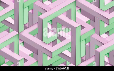 3D Wallpaper of decorative origami mosaic geometric knot of purple and green grass colors with high quality seamless realistic texture Stock Photo