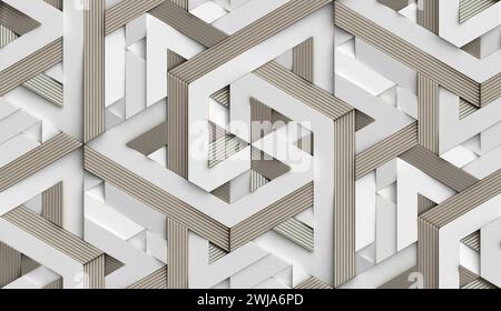 3D Wallpaper in the form of imitation decorative mosaic of white painted metal and golden stripe decor on black bakcground with high quality seamless Stock Photo