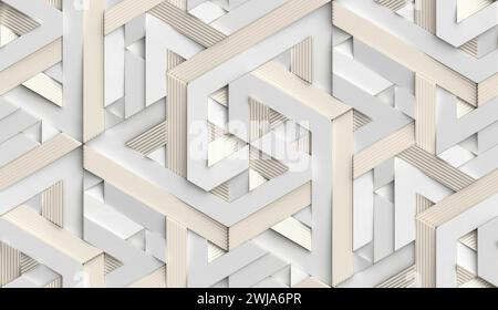 3D Wallpaper in the form of imitation decorative mosaic of white painted metal and golden stripe decor with high quality seamless realistic texture Stock Photo