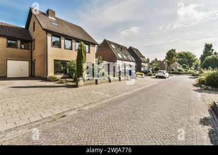 A tranquil suburban road featuring contemporary houses with landscaped gardens and parked cars under a clear sky. Stock Photo