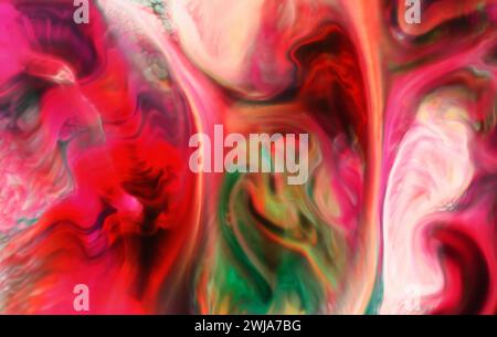 Vibrant abstract background featuring a swirling mix of pink, red, and green hues with a fluid, marble-like texture Stock Photo