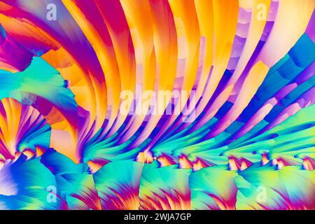 A dynamic, high-resolution image of salicylic acid crystals under a microscope, exhibiting a kaleidoscope of colors in a fan-like pattern Stock Photo