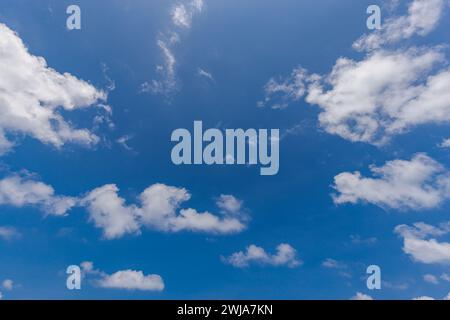 Cloudscape. Blue sky and white clouds, wide panorama. Sunny heaven and Earth environment concept. Tranquil relax serene sunshine blue skies cloudy Stock Photo