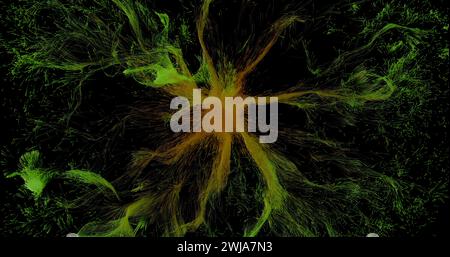 A vibrant digital artwork featuring a green and orange fractal explosion resembling a cosmic event or a flower bloom Stock Photo