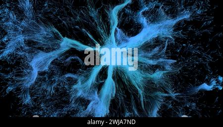 A visually striking abstract image resembling a neuron structure exploding in blue hues against a deep black background Stock Photo