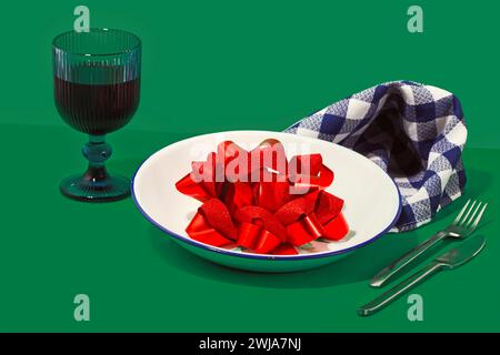 Image featuring a plate filled with glittering red ribbons, a checkered napkin, cutlery, and a dark wine glass on a green background, sy Stock Photo