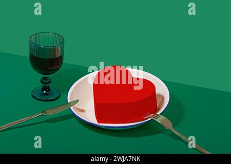 Image depicting a Valentine’s Day dinner with a heart-shaped object on a plate and an elegant glass. Stock Photo