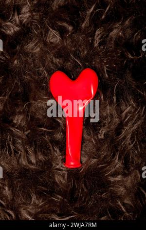 Closeup of red heart shaped flat small balloon with long neck while shining in light and placed on artificial fur Stock Photo