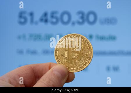 Bitcoin coin between fingers in front of a market price of over 50,000 USD Stock Photo