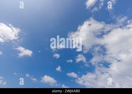 Blue sky and white clouds background. Ecology nature wallpaper, colorful bright relaxing skyline. Peaceful sunshine over panoramic sky view. Look up Stock Photo