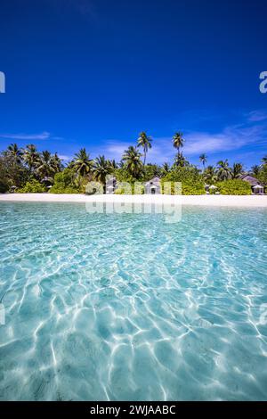 Maldives island beach. Tropical landscape of summer scenery, white sand with palm trees. Luxury travel vacation destination. Exotic beach landscape Stock Photo