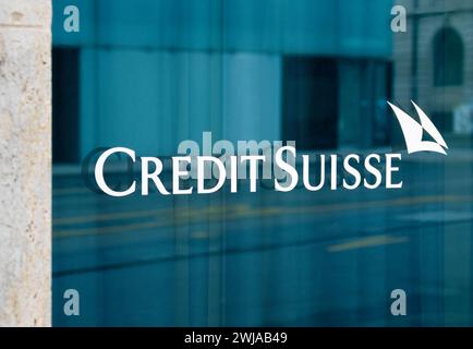 Geneva, Switzerland - February 3, 2024: Credit Suisse is a Swiss bank that was taken over by UBS after bankruptcy Stock Photo