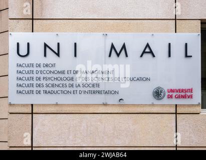 Geneva, Switzerland - February 3, 2024: Uni Mail is dedicated to social sciences. It hosts Faculties of Law, Economics and Management, Psychology and Stock Photo