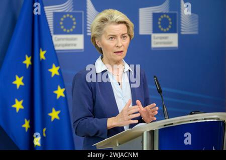 Belgium, Brussels: Ursula von der Leyen, President of the European Commission, addressing the media at the headquarters of the European Commission on Stock Photo