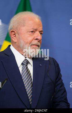 Belgium, Brussels: Brazilian President Luiz Inacio Lula da Silva addressing the media prior to a bilateral meeting at the headquarters of the European Stock Photo