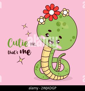 Cute snake with flowers. Reptile kawaii character. Vector illustration with cartoon serpent. Kids collection Stock Vector