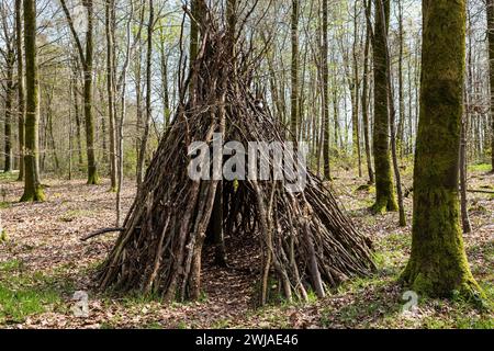 Tepee made from tree branches in the forest, wooden huts in the Eawy Forest, in the “Pays de Bray”, a natural region in northern France. Wooden huts i Stock Photo