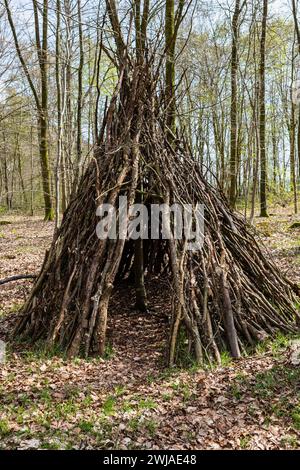 Tepee made from tree branches in the forest, wooden huts in the Eawy Forest, in the “Pays de Bray”, a natural region in northern France. Wooden huts i Stock Photo