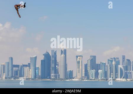 Doha, Qatar. 14th Feb, 2024. Swimming: World Championships; High Diving, Women Round 3 and 4: Anna Bader from Germany in action. Credit: Jo Kleindl/dpa/Alamy Live News Stock Photo