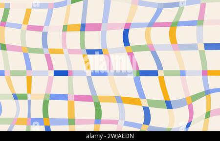 Fun abstract background in doodle style. Multi colored striped geometric pattern. Retro 60s 70s groovy design. Curve crossed lines grid. Wavy plaid Stock Vector