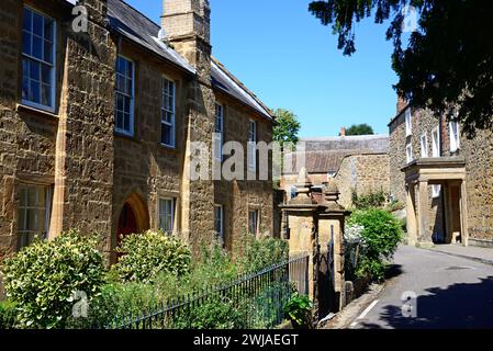 Traditional hamstone buildings along Court Barton in the old town, Ilminster, Somerset, UK, Europe Stock Photo