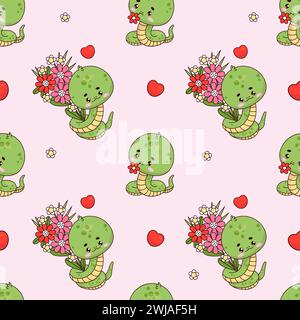 Seamless pattern with cute snake with flowers on pink background with hearts. Funny romantic kawaii reptile animal character. Vector illustration. Kid Stock Vector