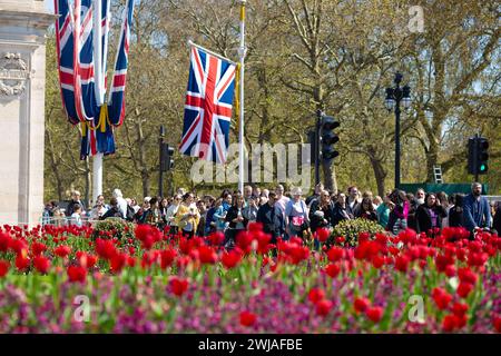 People take photographs near Buckingham Palace as London prepares for the coronation of King Charles III. Stock Photo