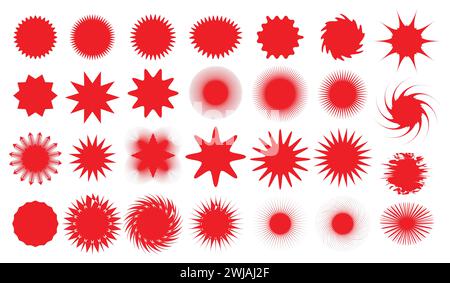 Starburst set red color, sun ray frames, sunburst badges, retro stars, sale or discount stickers. Stock Vector